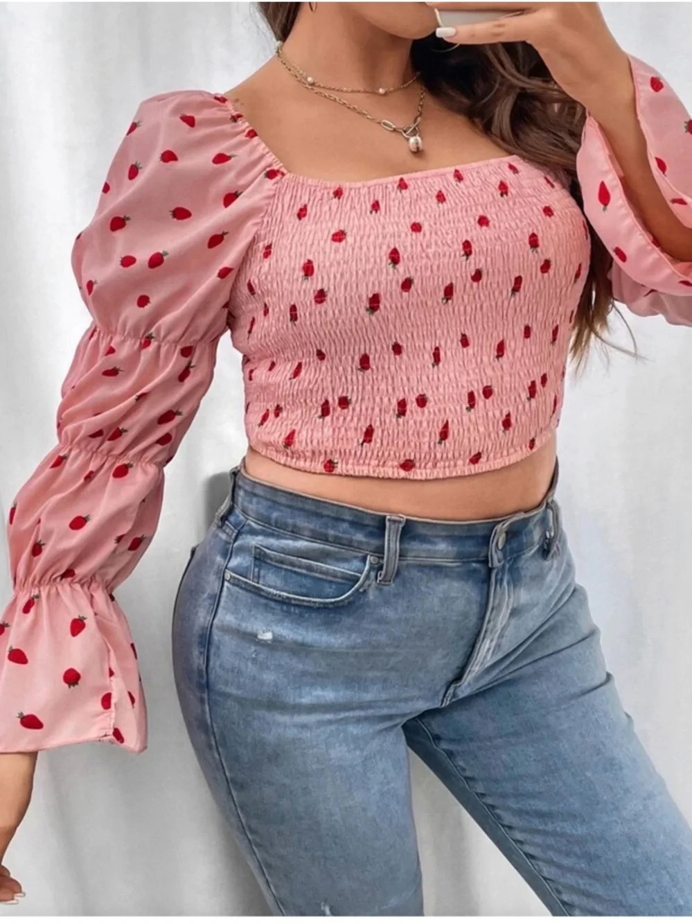 Pink Strawberry Smocked Square-Neck Crop Top plus size by SHEIN - Picture 3 of 13